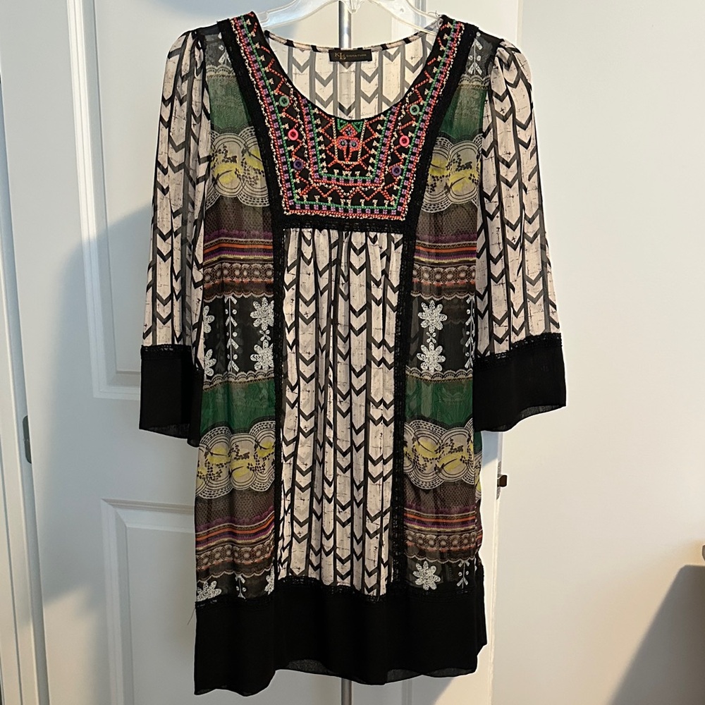 KLd. Signature Sheer Geometric Dress Black/Beige/Multi
